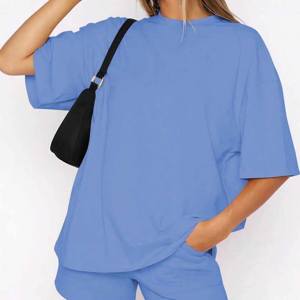 Dusty Blue Casual Women's Solid Color Drop Shoulder Sleeve T-Shirt & Shorts Set - Picture 2 of 4
